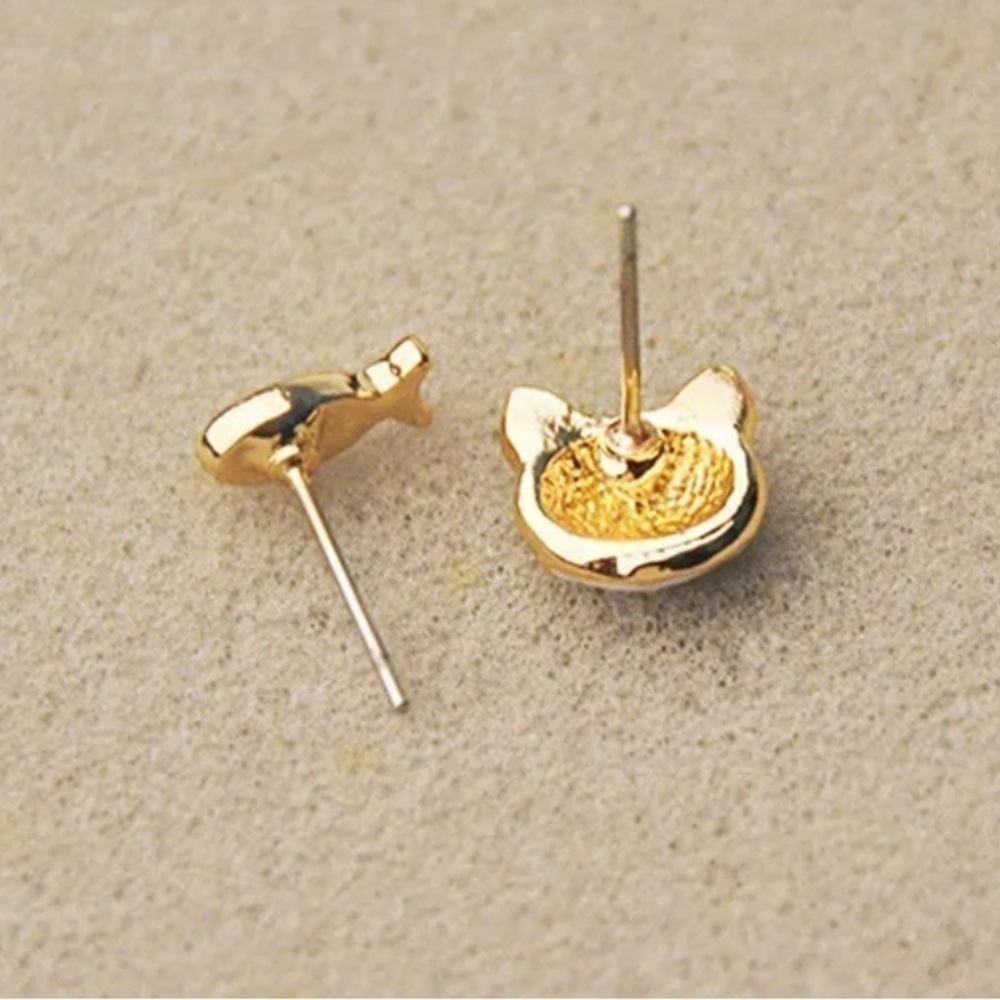 Gold Plated & Black Enamel Cat and Fish w/ Blue Sapphire Accented Eyes Earrings - Picture 4 of 5